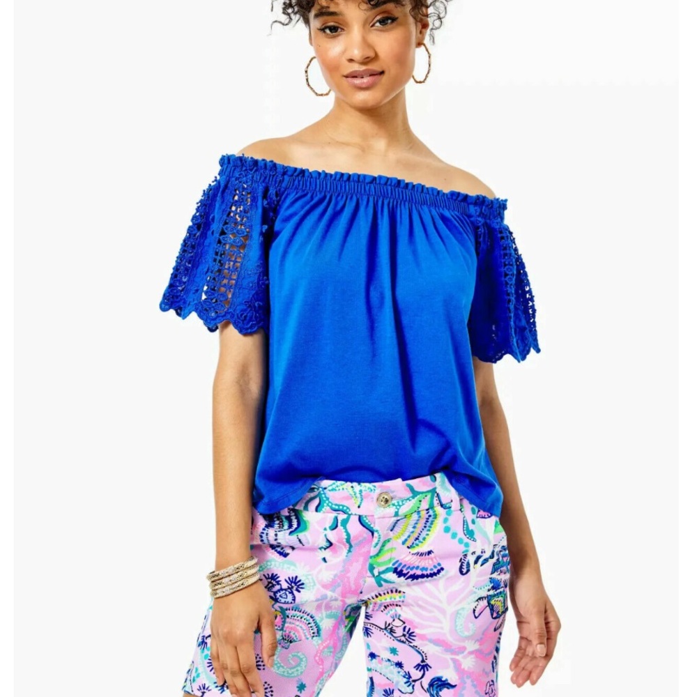 Lilly Pulitzer Fayette Off-The-Shoulder Top Blue MEDIUM crochet lace coastal - Picture 2 of 10